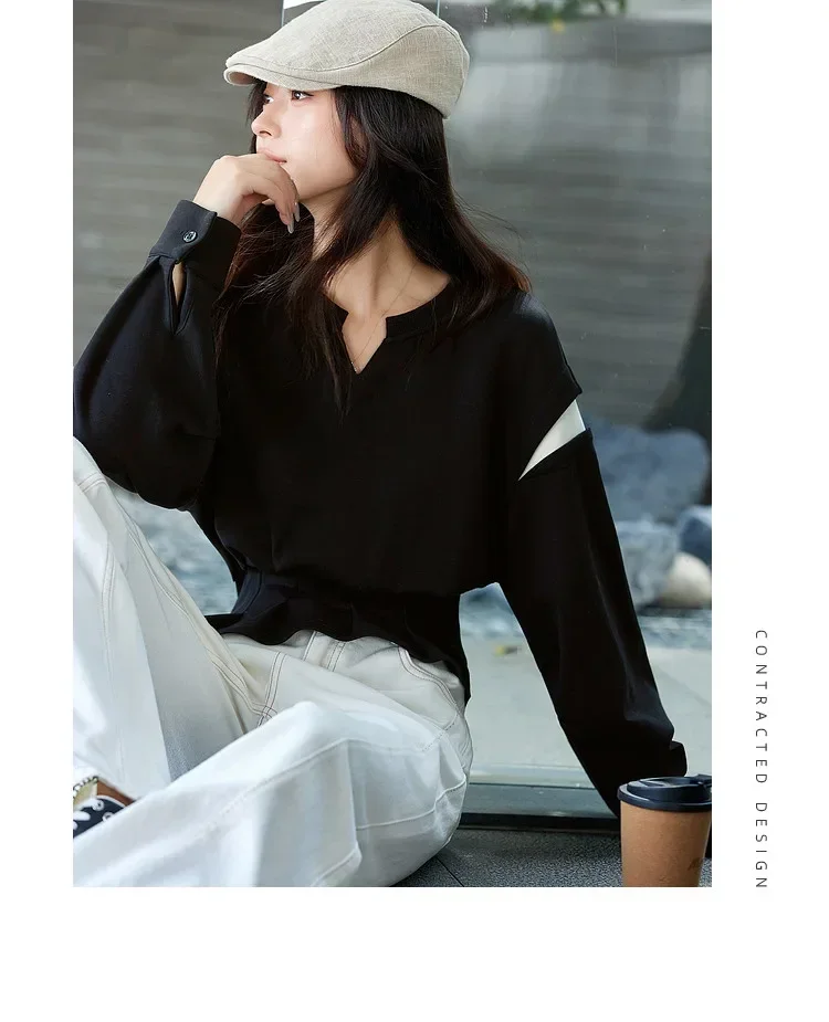 CHICMORE Blouse warna solid dengan kerah notched lengan panjang wanita kelas atas