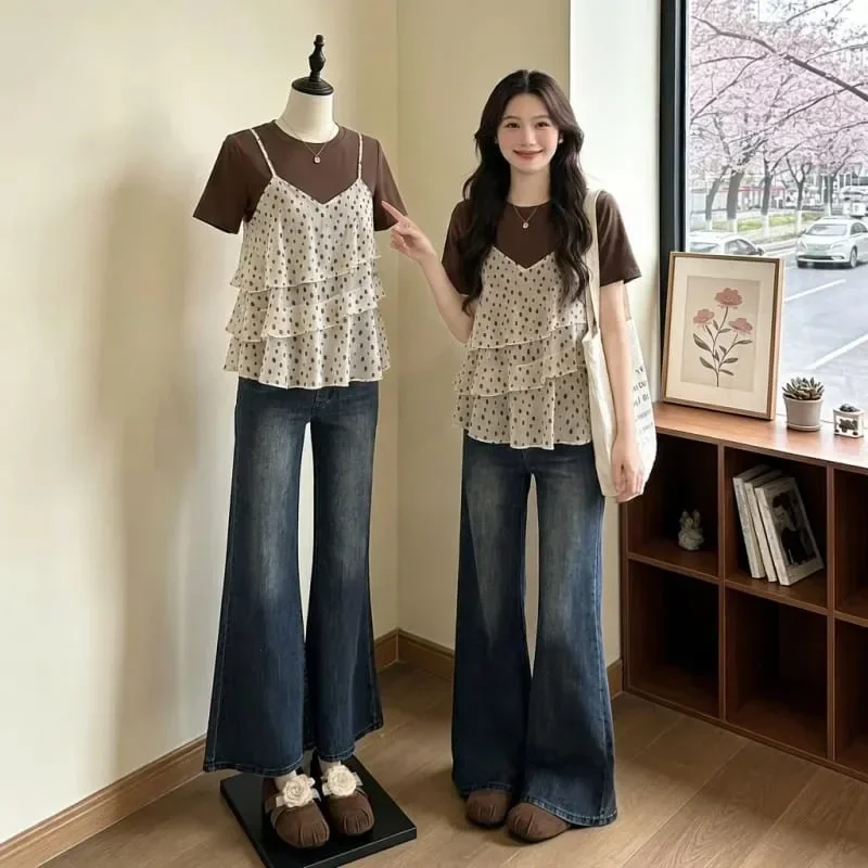 CHICMORE Atasan kaos lengan pendek dua potong palsu motif polkadot