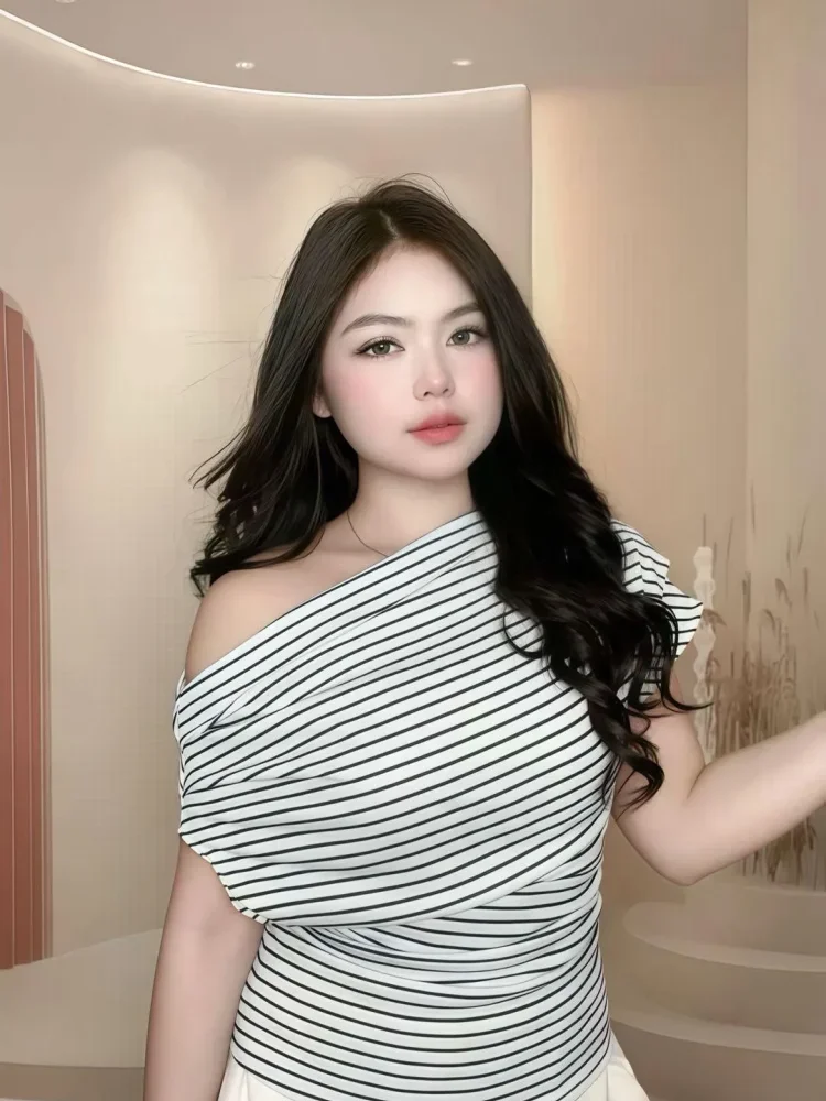 ASAYA Atasan wanita lengan pendek dengan kerah off shoulder motif bergaris
