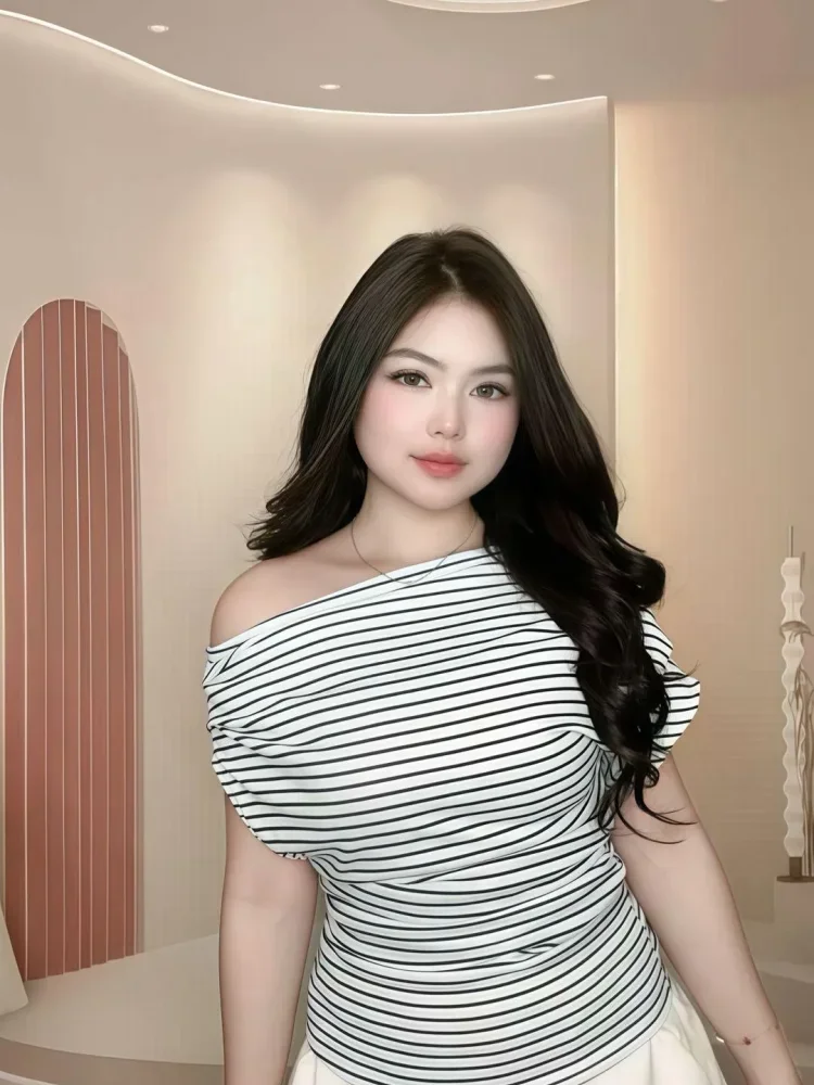 ASAYA Atasan wanita lengan pendek dengan kerah off shoulder motif bergaris