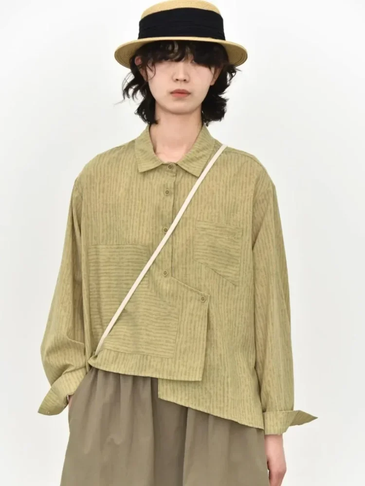 CHICMORE Kemeja oversize patchwork tekstur garis natural lengan panjang