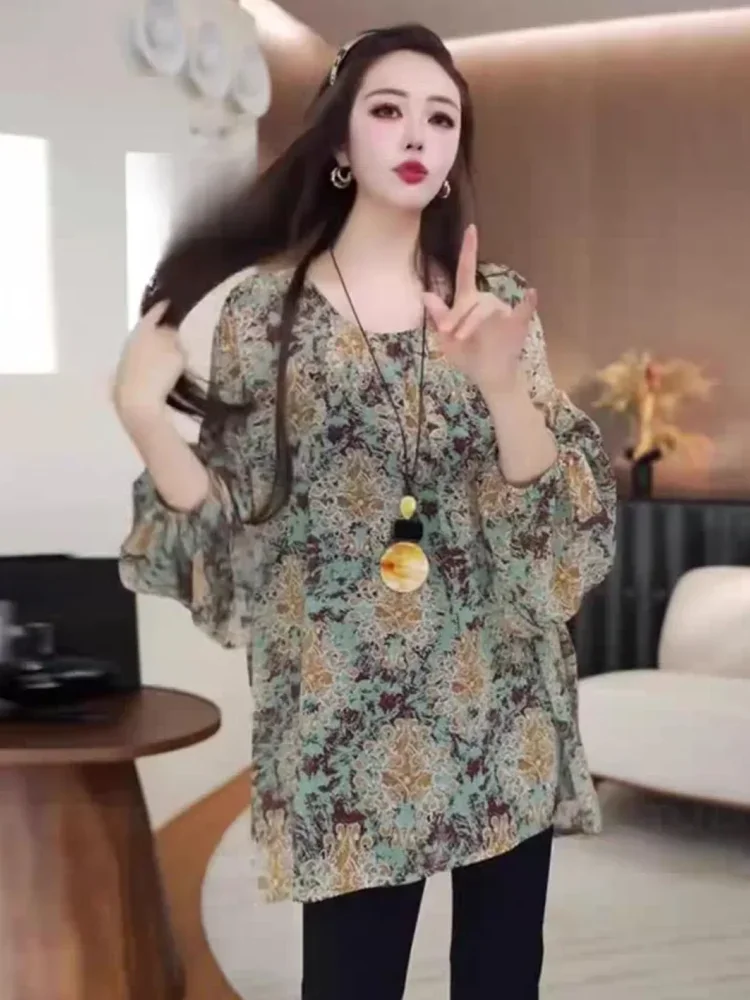 ASAYA Atasan kerah leher bulat motif cetak lengan panjang retro wanita