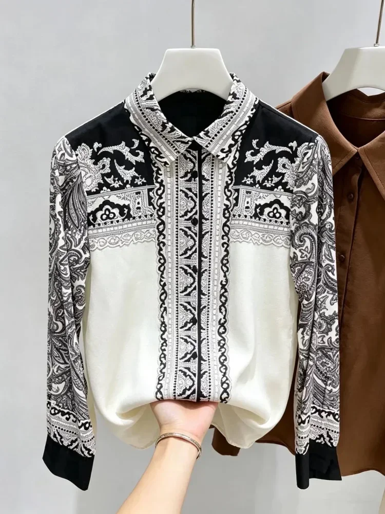 FADFAD Atasan wanita kemeja lengan panjang motif cetak elegant untuk wanita kelas atas