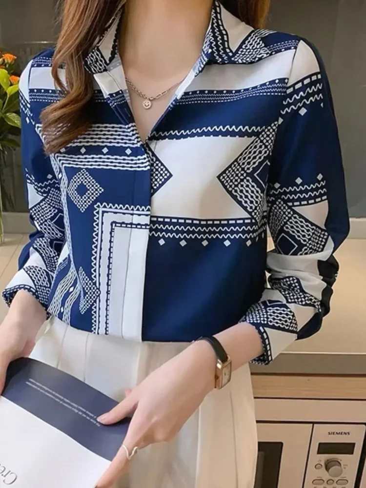 FADFAD Atasan kemeja motif cetak lengan panjang dan gaya kelas atas