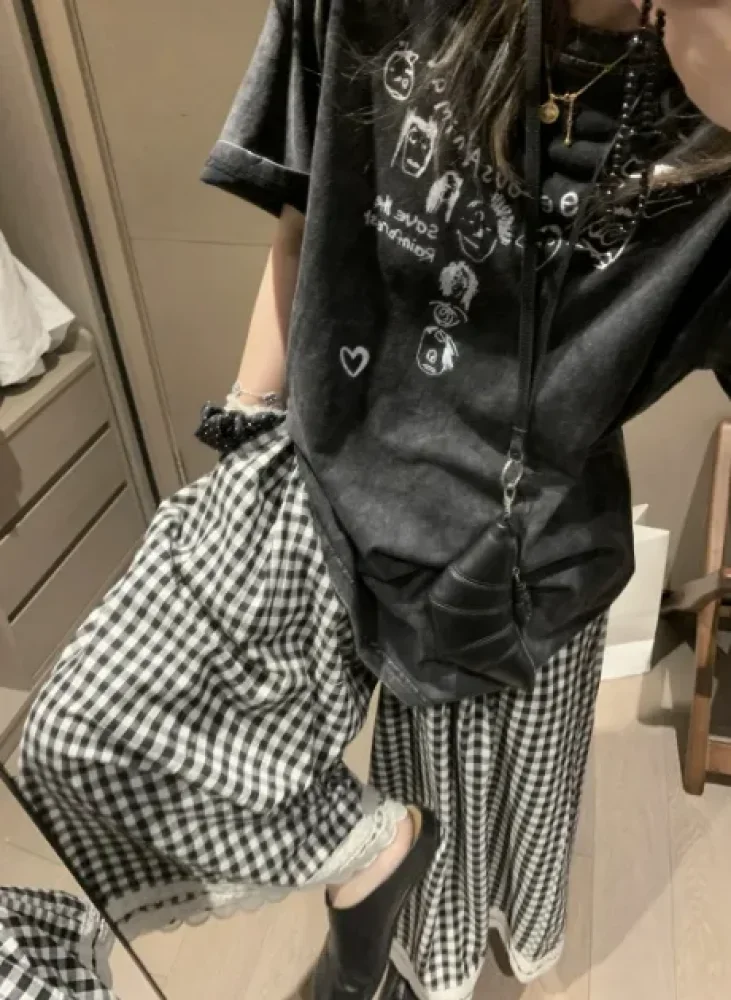 [DISKON KILAT]CHICMORE Celana panjang kaki lebar motif kotak gaya retro