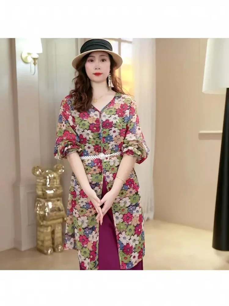ASAYA Atasan motif bunga bunga lengan pendek untuk wanita retro