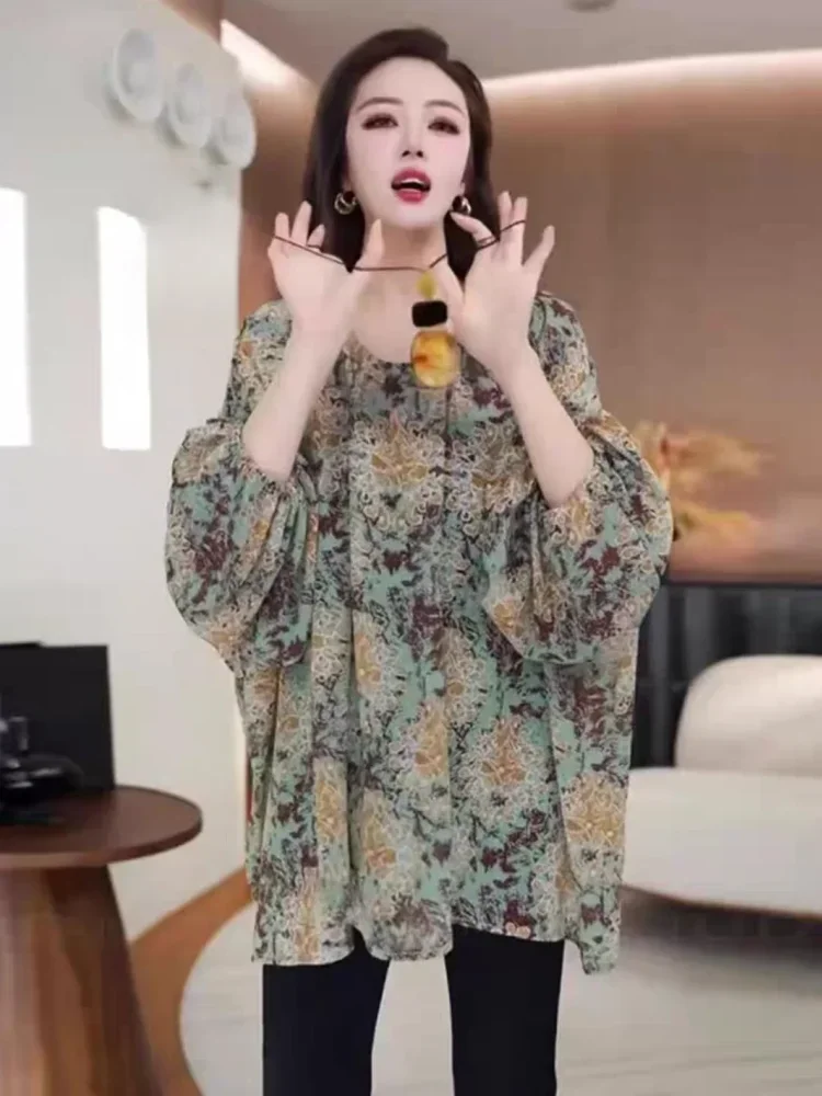 ASAYA Atasan kerah leher bulat motif cetak lengan panjang retro wanita
