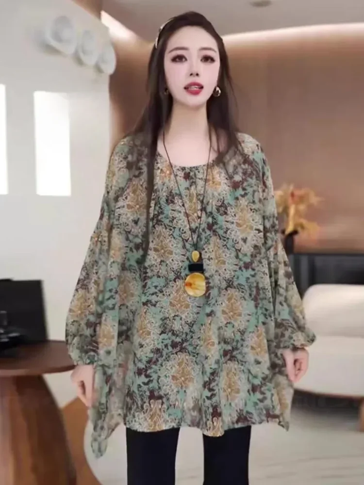 ASAYA Atasan kerah leher bulat motif cetak lengan panjang retro wanita