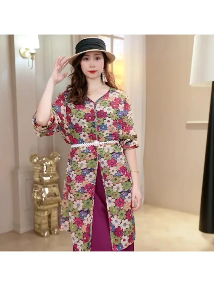 ASAYA Atasan motif bunga bunga lengan pendek untuk wanita retro