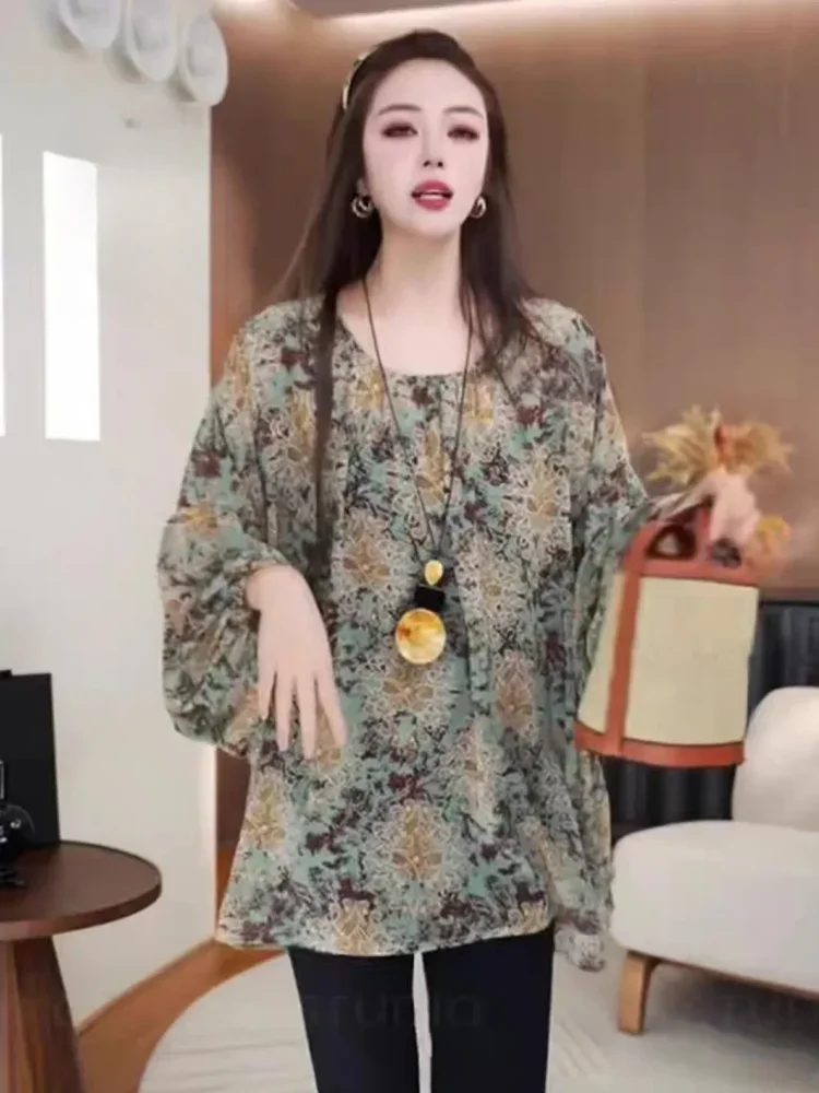 ASAYA Atasan kerah leher bulat motif cetak lengan panjang retro wanita
