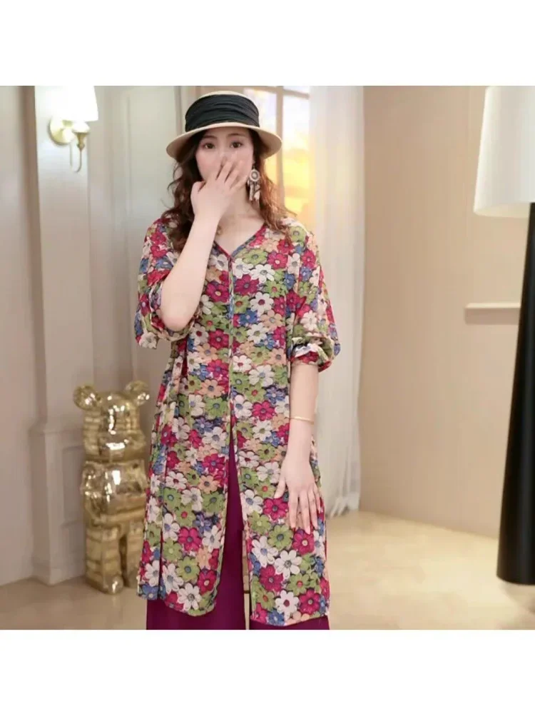 ASAYA Atasan motif bunga bunga lengan pendek untuk wanita retro