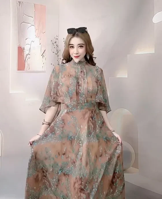 FADFAD Gaun wanita panjang gaya retro lengan pendek gaya elegan terbaru