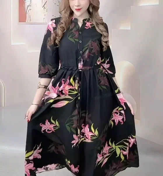 FADFAD Gaun motf bunga kerah v neck bergaya retro