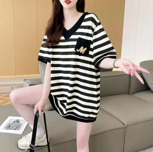 ASAYA Kaos wanita lengan pendek motif bergaris desain oversized