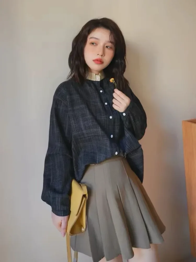 CHICMORE Kemeja wanita lengan panjang model longgar motif kotak kasual