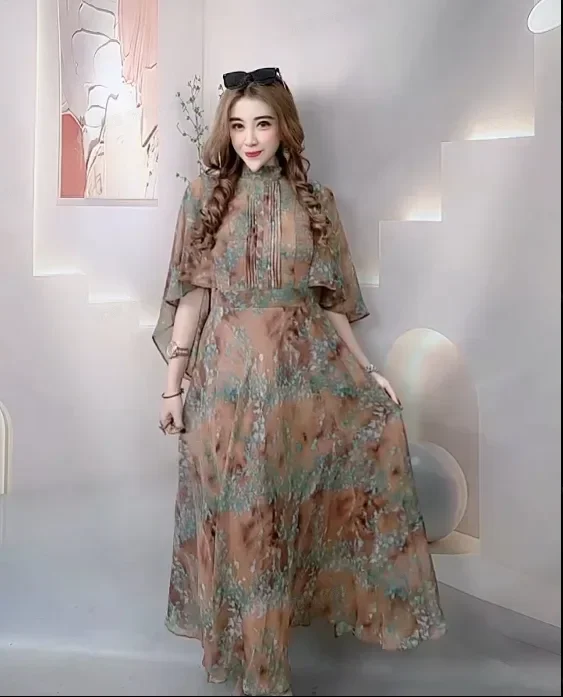 FADFAD Gaun wanita panjang gaya retro lengan pendek gaya elegan terbaru