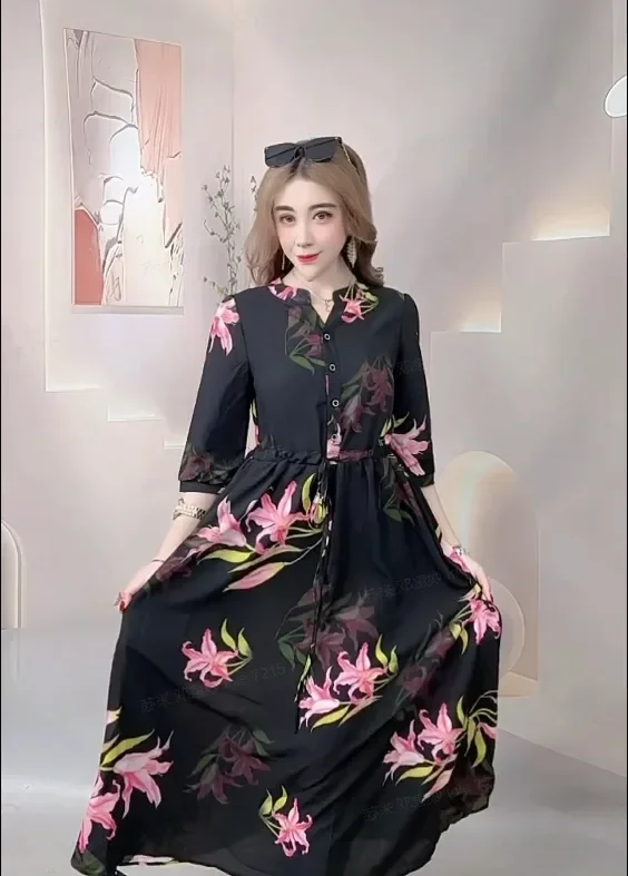 FADFAD Gaun motf bunga kerah v neck bergaya retro