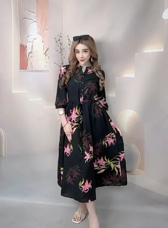 FADFAD Gaun motf bunga kerah v neck bergaya retro