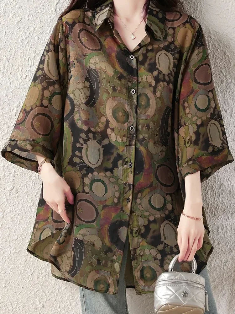 ASAYA Kemeja wanita kasual lengan tiga perempat model longgar motif cetak