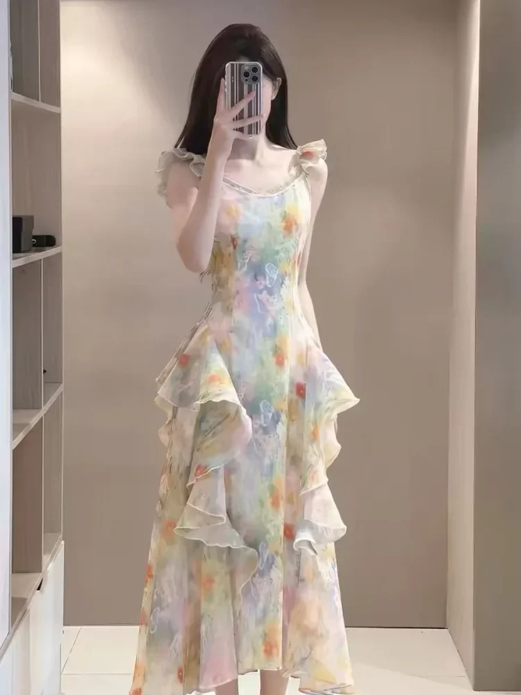CHICMORE Gaun midi tanpa lengan dengan kerah bulat terdapat variasi ruffle cantik motif terbaru feminine
