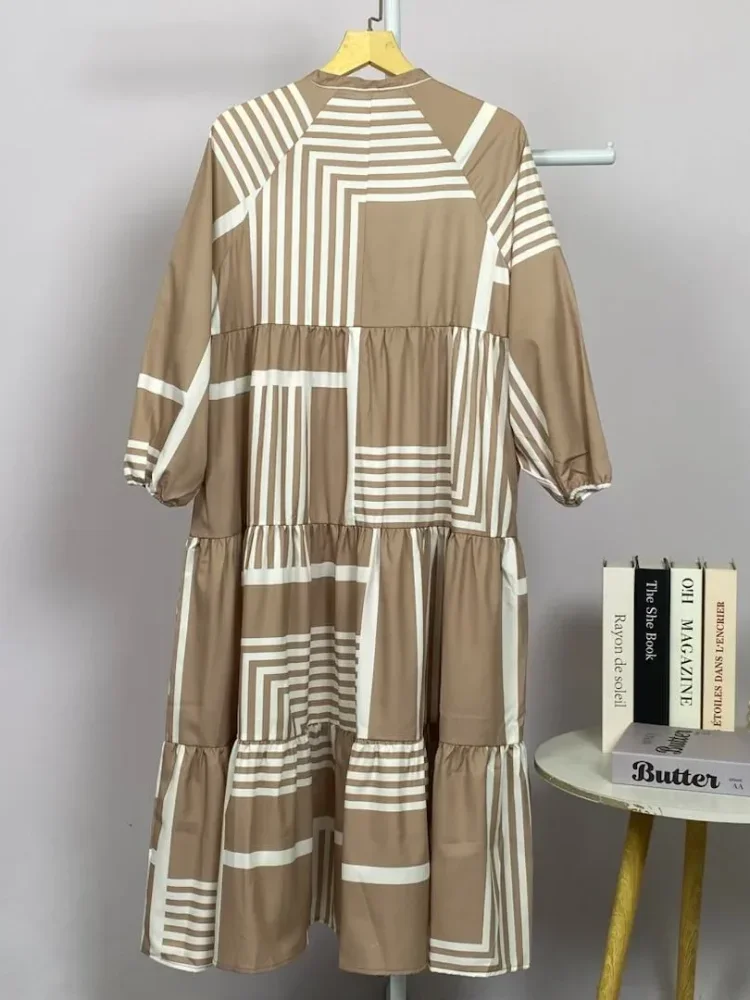 ASAYA Gaun panjang longgar kasual tipis bermotif dengan desain mode elegan