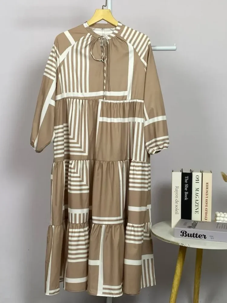 ASAYA Gaun panjang longgar kasual tipis bermotif dengan desain mode elegan