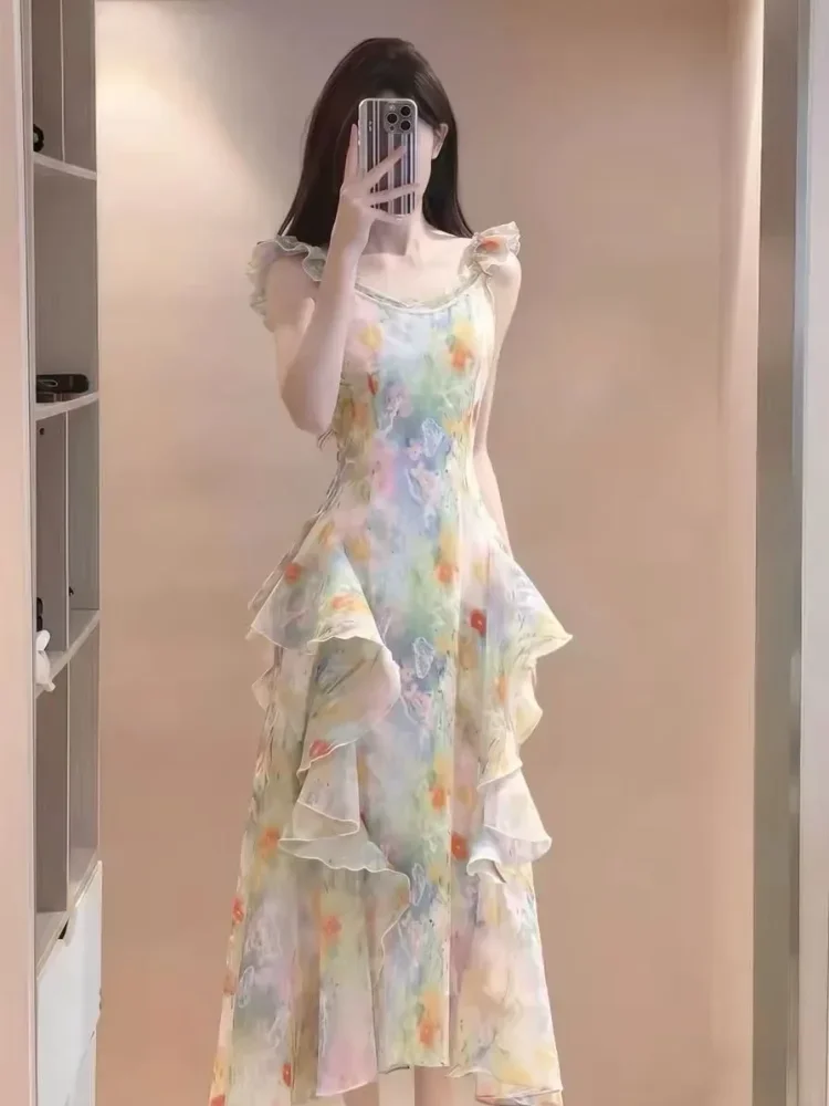 CHICMORE Gaun midi tanpa lengan dengan kerah bulat terdapat variasi ruffle cantik motif terbaru feminine