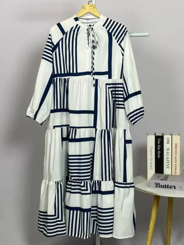 ASAYA Gaun panjang longgar kasual tipis bermotif dengan desain mode elegan