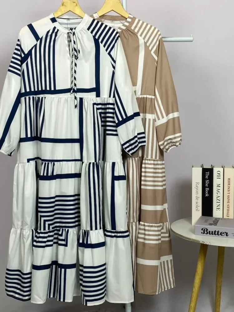 ASAYA Gaun panjang longgar kasual tipis bermotif dengan desain mode elegan
