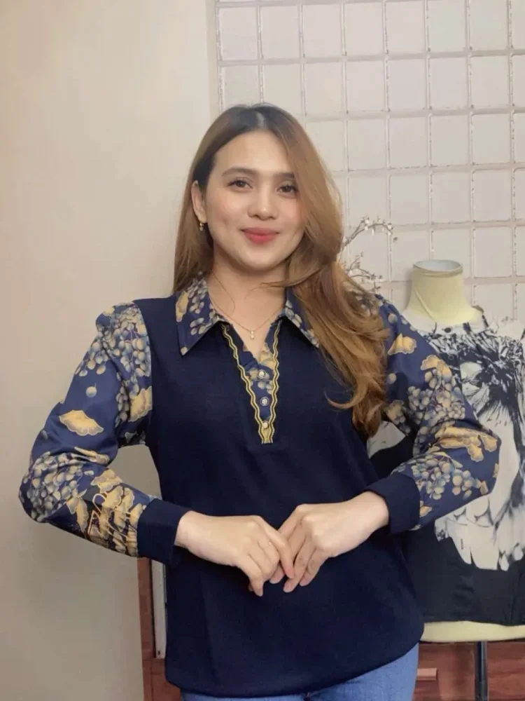 FADFAD Atasan kemeja motif kontras lengan panjang dan bergaya retro