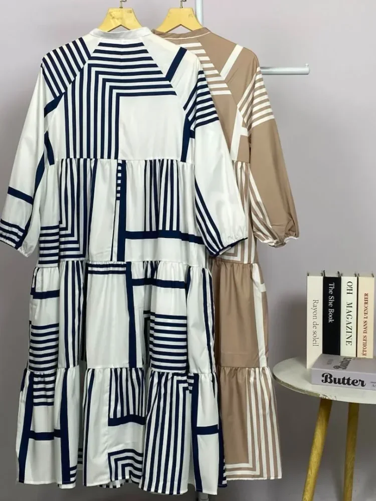 ASAYA Gaun panjang longgar kasual tipis bermotif dengan desain mode elegan