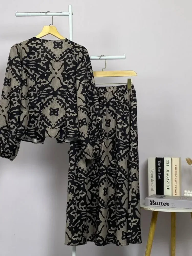 ASAYA Setelan wanita bergaya retro, atasan lengan panjang dengan kancing buatan tangan dipadukan dengan rok model a-line yang stylish