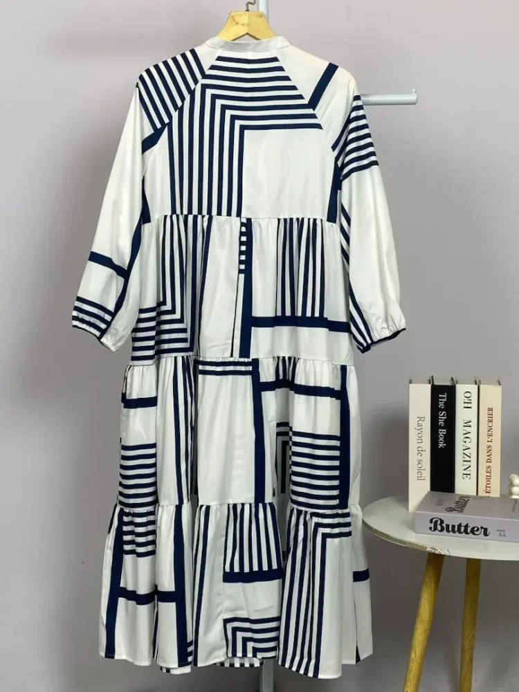 ASAYA Gaun panjang longgar kasual tipis bermotif dengan desain mode elegan