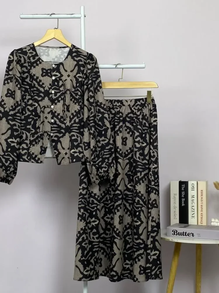 ASAYA Setelan wanita bergaya retro, atasan lengan panjang dengan kancing buatan tangan dipadukan dengan rok model a-line yang stylish