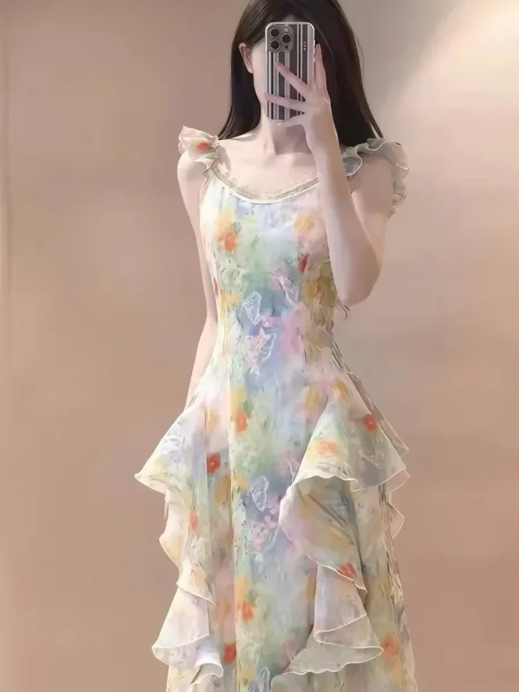 CHICMORE Gaun midi tanpa lengan dengan kerah bulat terdapat variasi ruffle cantik motif terbaru feminine