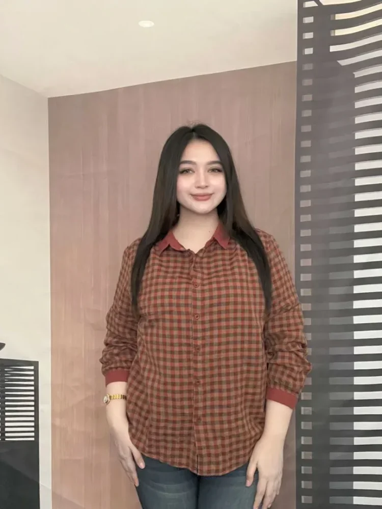 FADFAD Atasan kemeja dengan lengan panjang bermotif kotak-kotak gaya modis