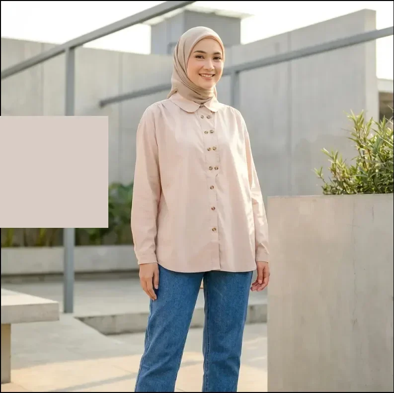 ASAYA Kemeja warna solid dengan kancing unik sebaris dan lengan panjang gaya baru