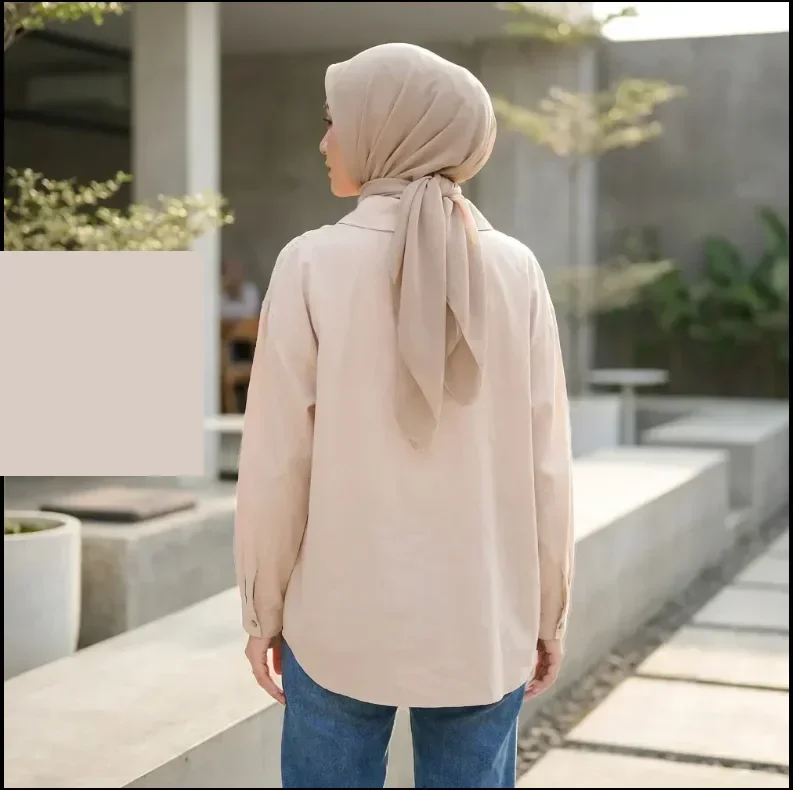 ASAYA Kemeja warna solid dengan kancing unik sebaris dan lengan panjang gaya baru