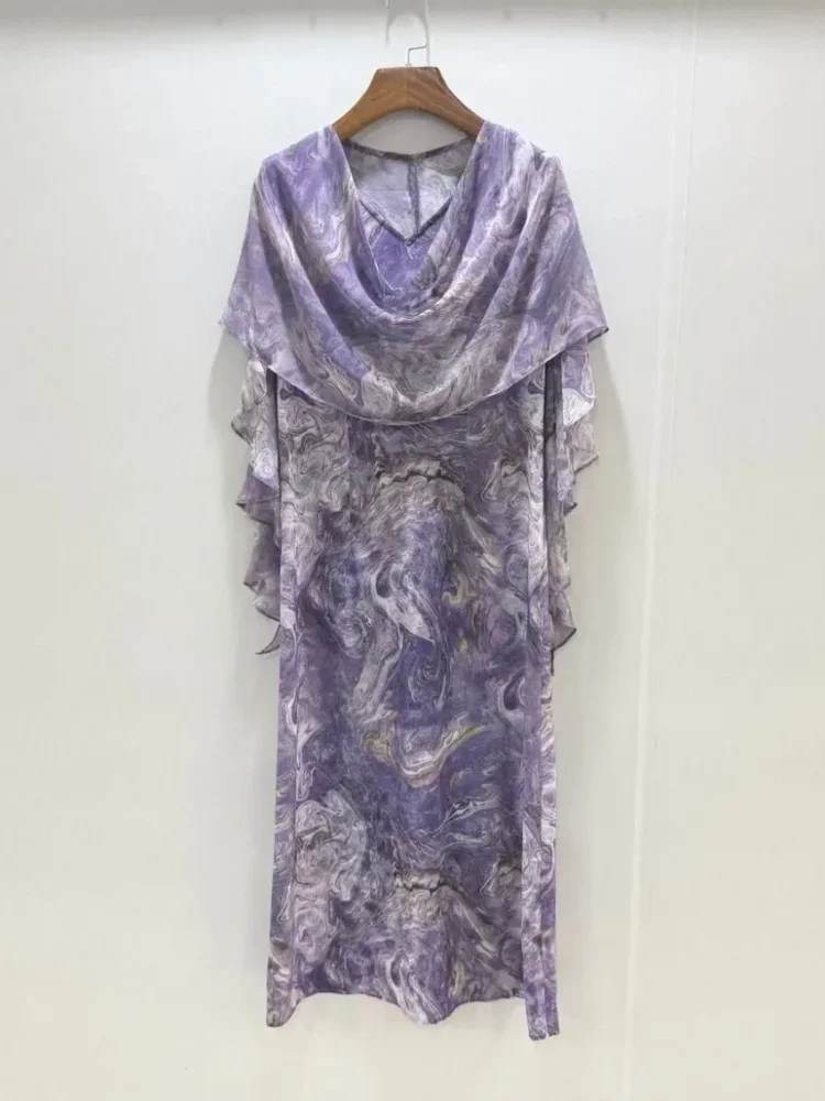 FADFAD Gaun wanita motif marbel dengan kerah cowl neck dan gaya manis