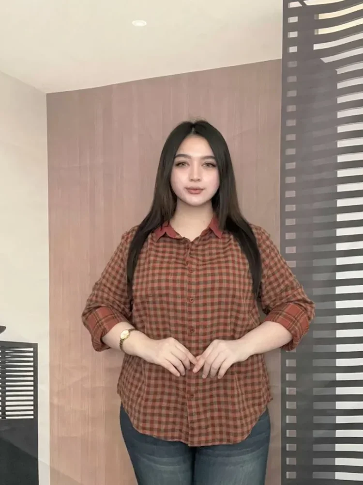 FADFAD Atasan kemeja dengan lengan panjang bermotif kotak-kotak gaya modis