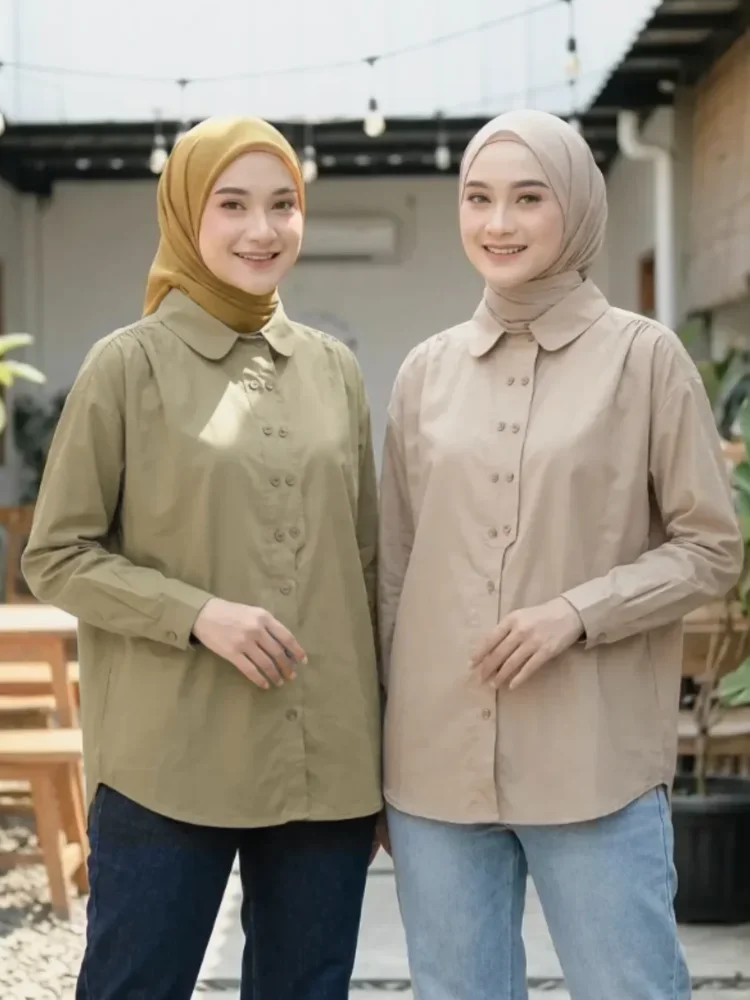 ASAYA Kemeja warna solid dengan kancing unik sebaris dan lengan panjang gaya baru