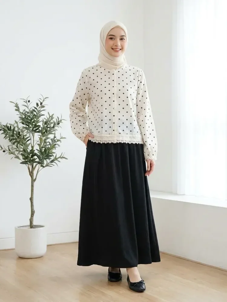 CHICMORE Atasan kemeja lengan panjang bermotif polkadot gaya baru untuk wanita