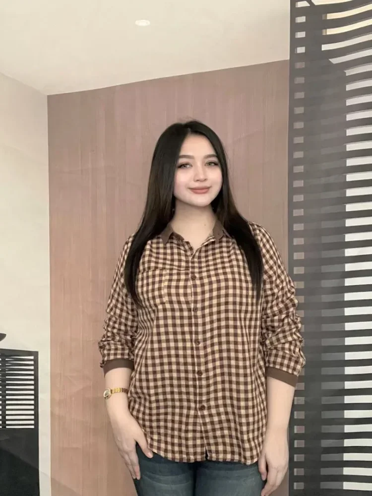 FADFAD Atasan kemeja dengan lengan panjang bermotif kotak-kotak gaya modis