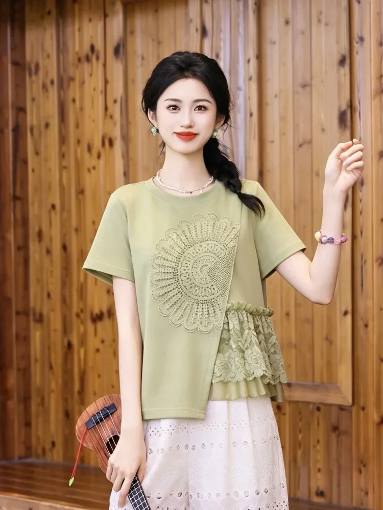 FADFAD Atasan blouse lengan pendek kerah bulat warna solid baru untuk wanita