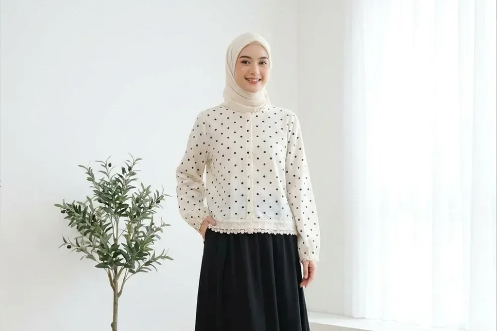 CHICMORE Atasan kemeja lengan panjang bermotif polkadot gaya baru untuk wanita