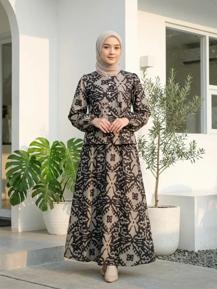 ASAYA Setelan wanita bergaya retro, atasan lengan panjang dengan kancing buatan tangan dipadukan dengan rok model a-line yang stylish