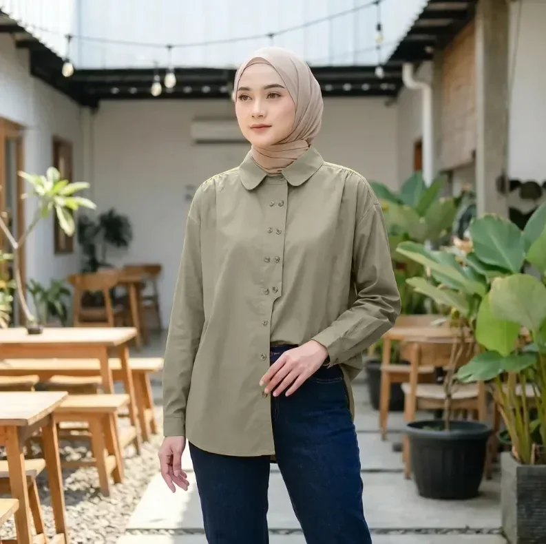 ASAYA Kemeja warna solid dengan kancing unik sebaris dan lengan panjang gaya baru