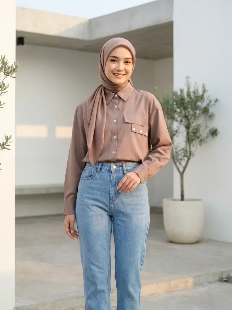 ASAYA Kemeja wanita longgar lengan panjang warna solid bordir motif lucu