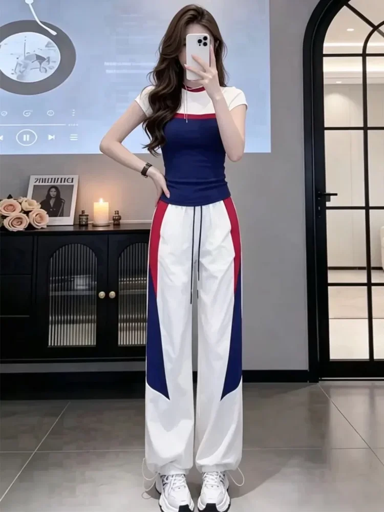 FADFAD Setelan wanita dua potong atasan t-shirt lengan pendek dan celana panjang pinggang elastis