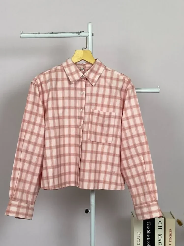 ASAYA Atasan kemeja kancing sebaris kerah polo motif kotak-kotak gaya retro baru